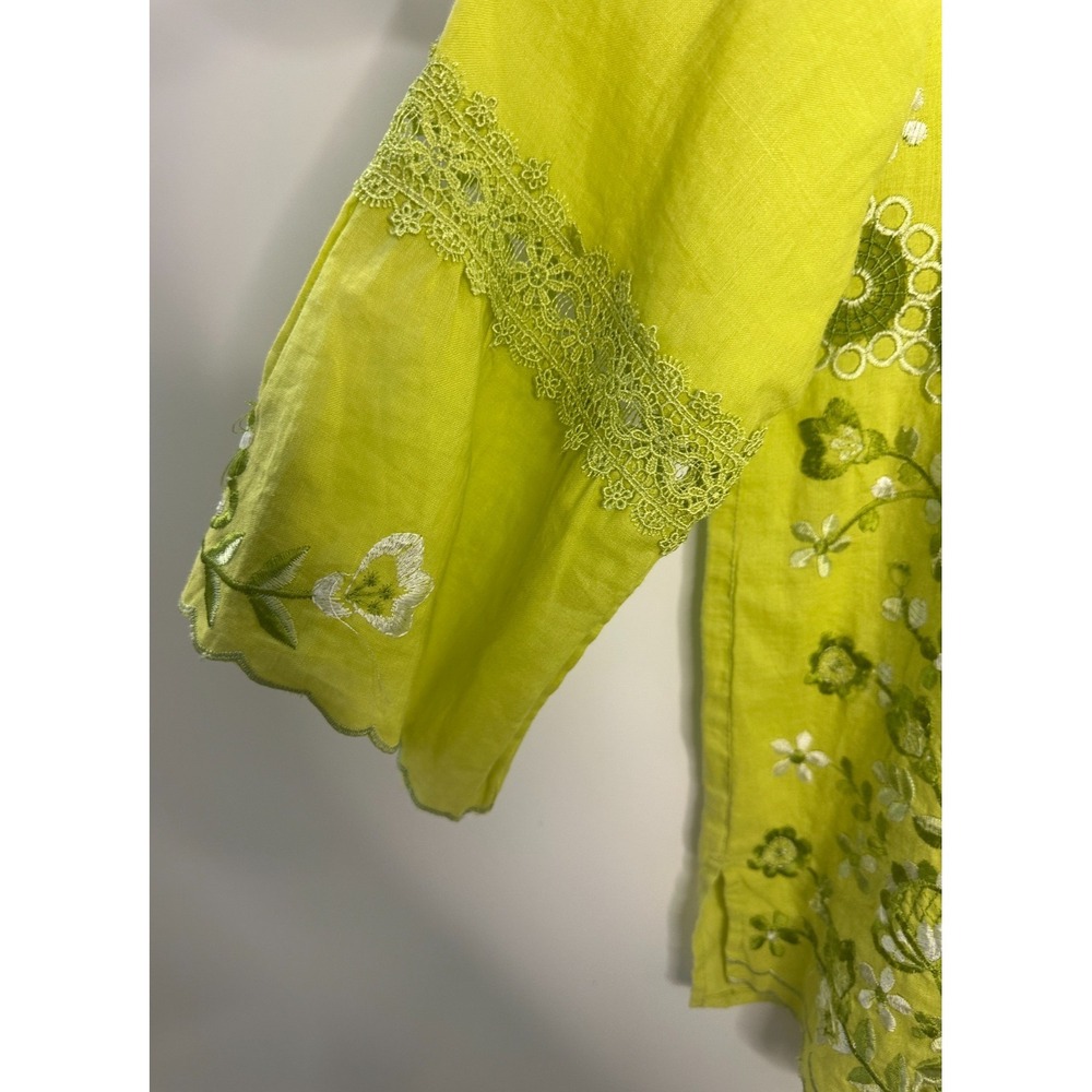 John Mark 100% Linen Embroidered Crochet Lace Blouse Womens Lime Green Medium - Picture 6 of 12